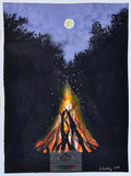 Original watercolor painting of a cozy campfire glowing under a full moon in a peaceful woodland setting by artist D. Bunting