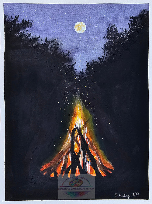 Original watercolor painting of a cozy campfire glowing under a full moon in a peaceful woodland setting by artist D. Bunting