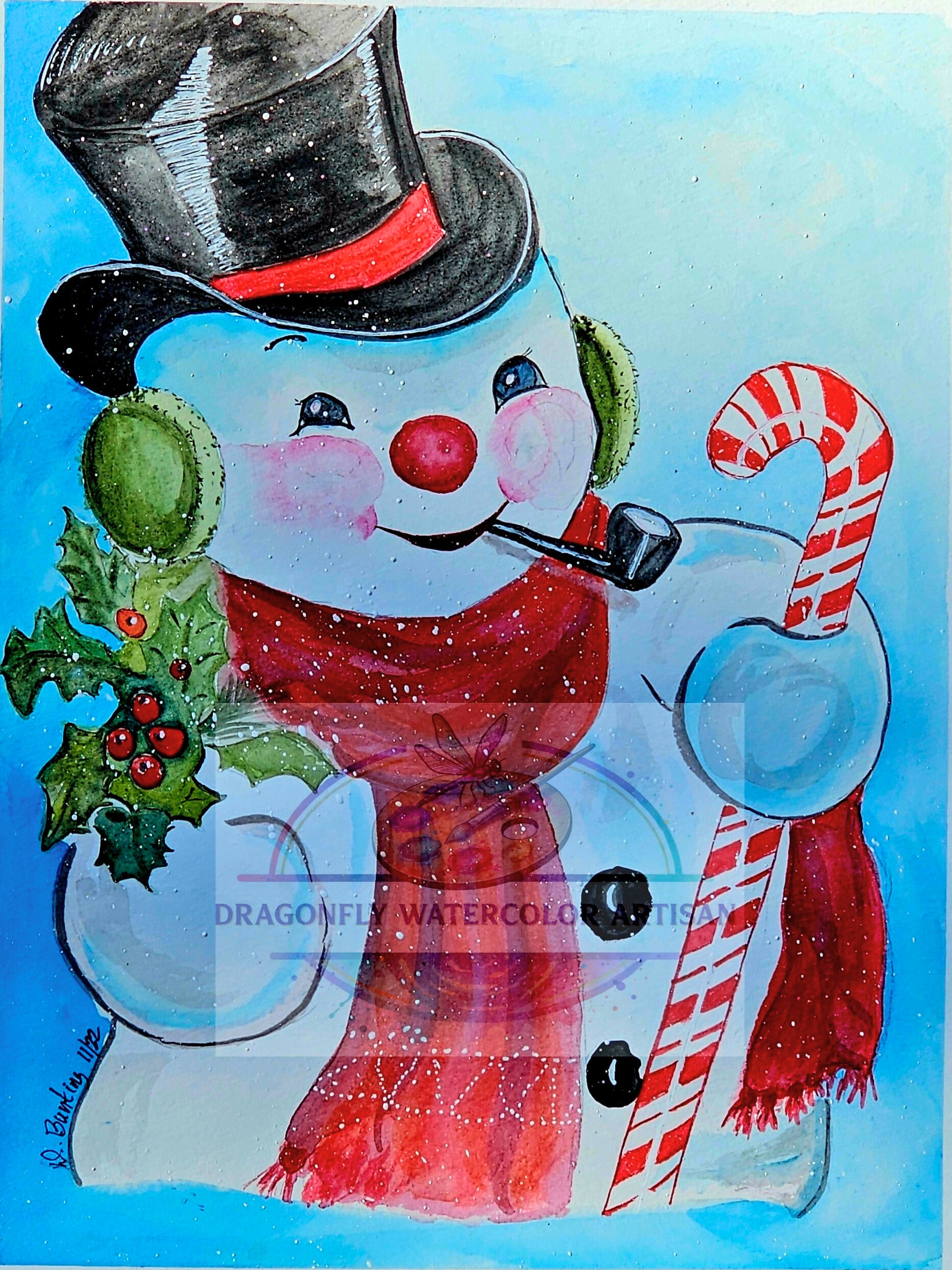 Whimsical original watercolor painting of a cheerful snowman wearing a top hat and scarf, holding a giant candy cane by artist D. Bunting