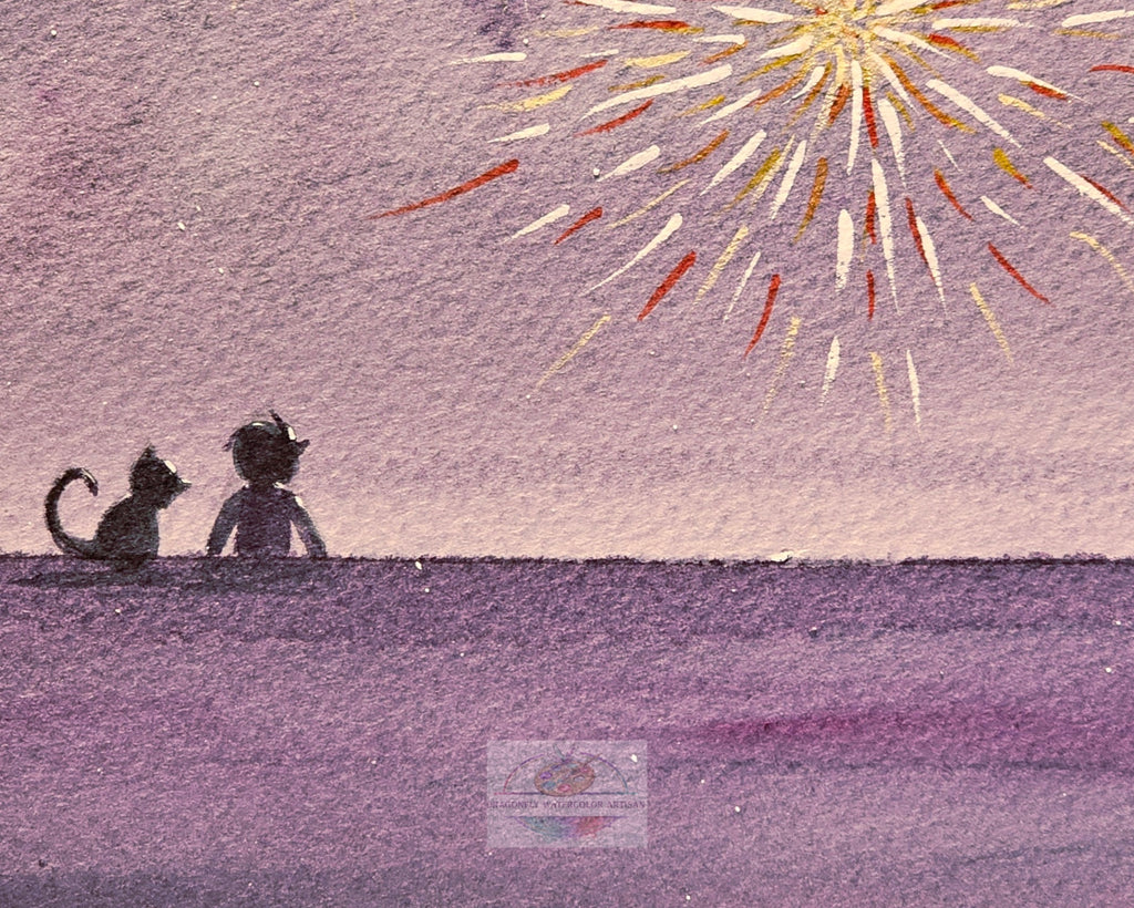 Close-up detail of the original watercolor painting "Fireworks & Friends" showing the sweet silhouettes of a small child and cat sitting together on a rooftop, watching golden fireworks explode in the night sky.