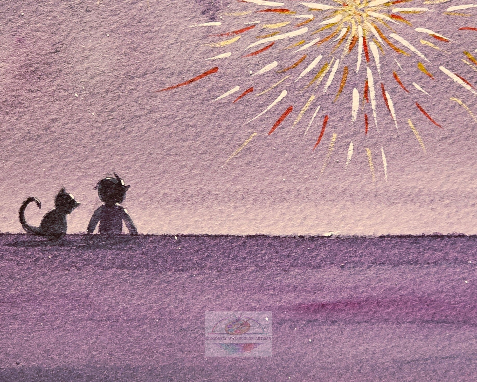Close-up detail of the original watercolor painting "Fireworks & Friends" showing the sweet silhouettes of a small child and cat sitting together on a rooftop, watching golden fireworks explode in the night sky.