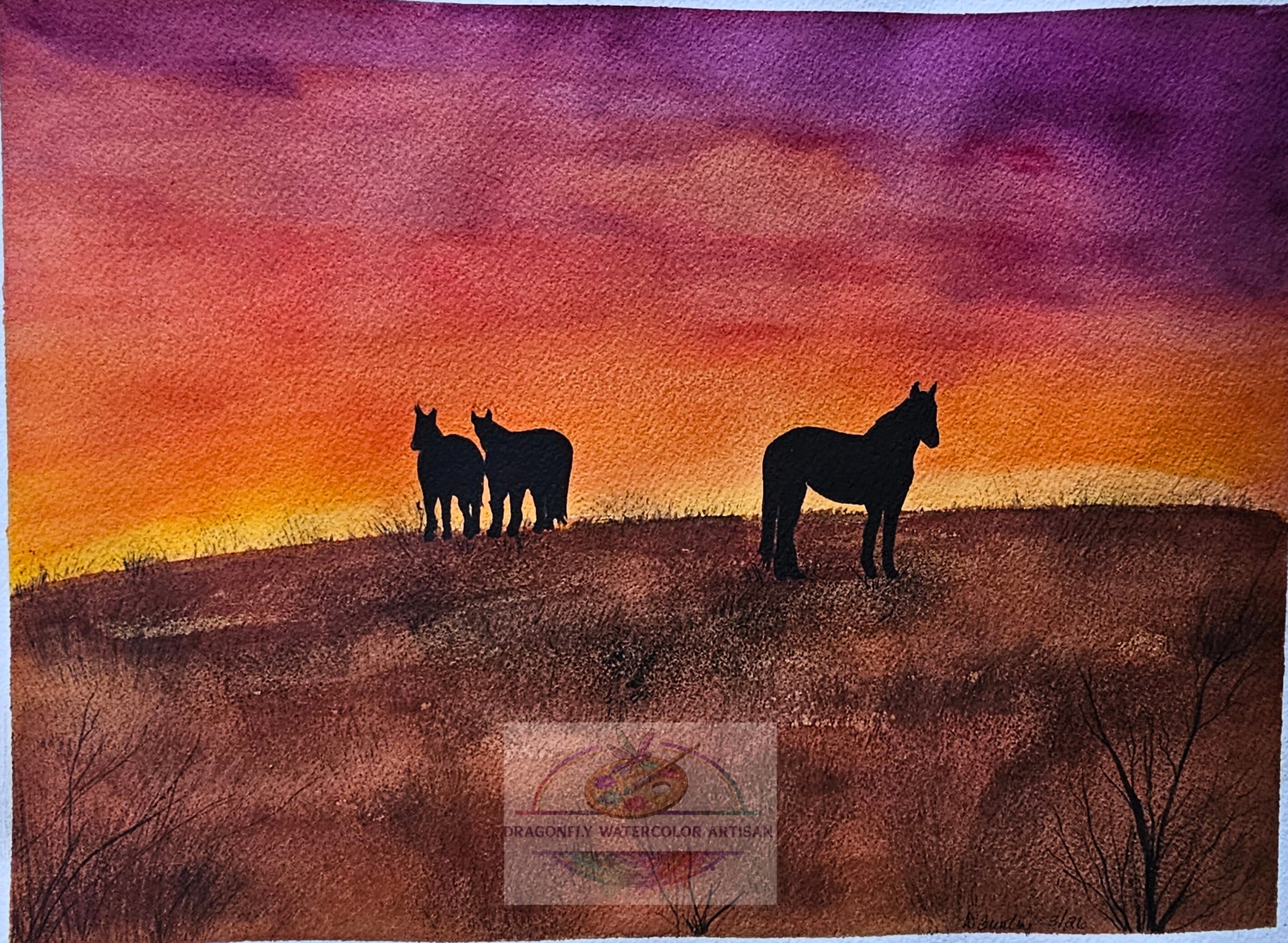 Original watercolor painting of horses at dusk in a peaceful twilight landscape, titled Twilight Companions by artist D. Bunting