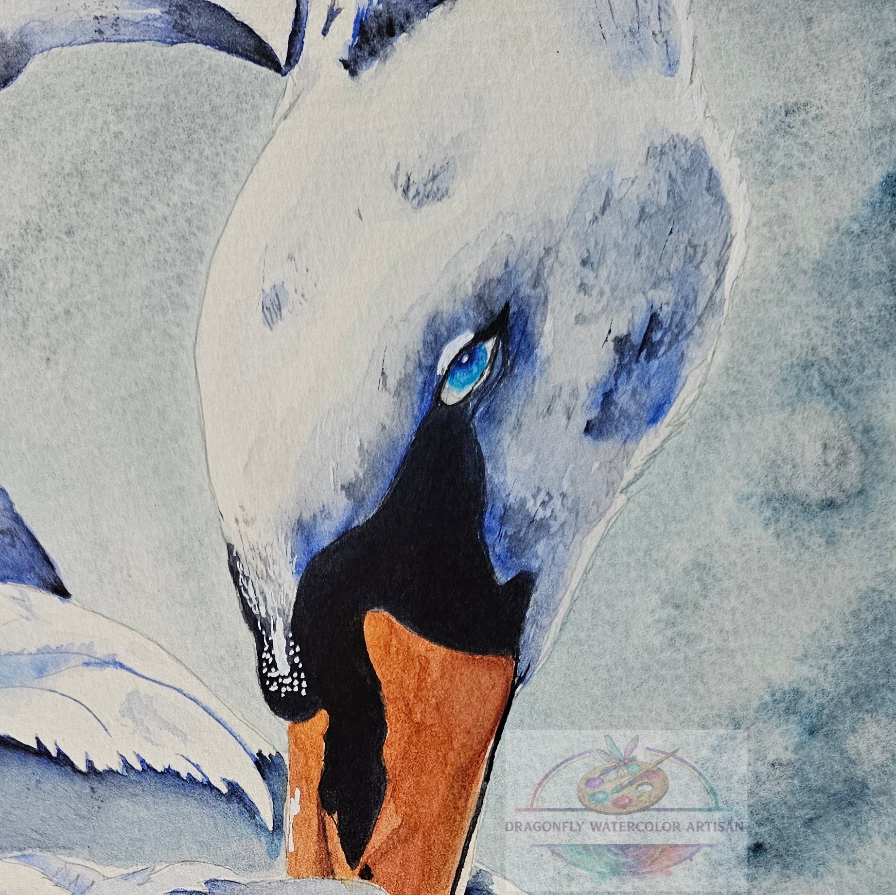 Close-up detail of the original watercolor swan painting, highlighting the striking bright blue eye, black and orange beak, and soft textured white and blue feathers.