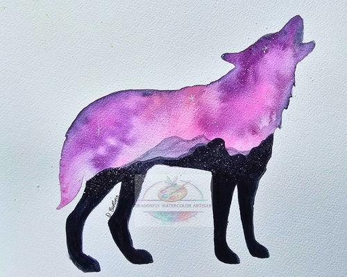 Original watercolor painting of a wolf from the Celestial Wilds cosmic menagerie series by artist D. Bunting