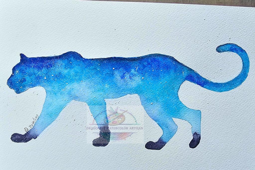 Original watercolor painting of a cougar from the Celestial Wilds cosmic menagerie series by artist D. Bunting