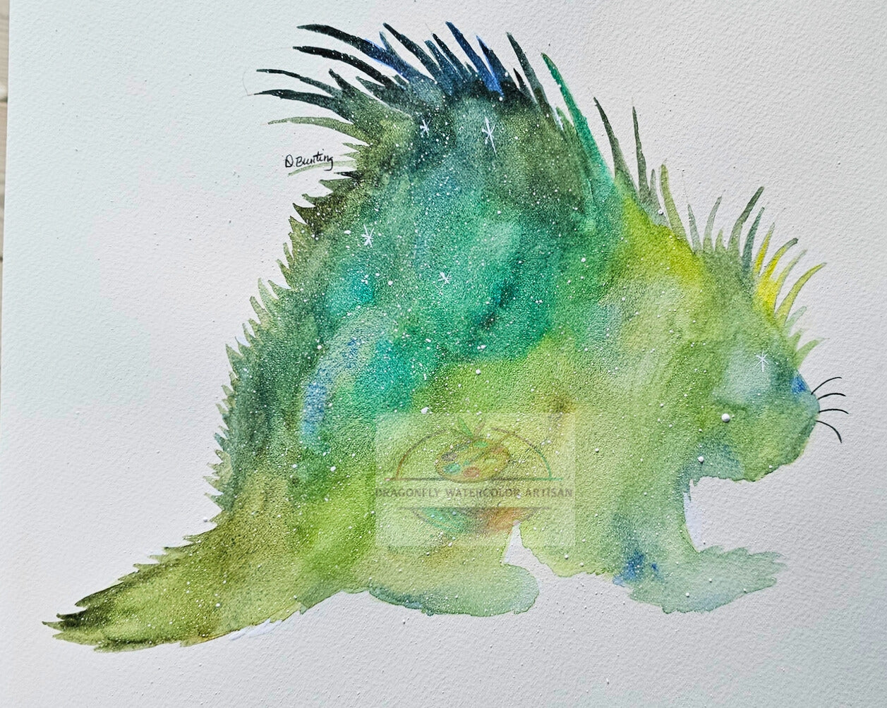 Original watercolor painting of a porcupine from the Celestial Wilds cosmic menagerie series by artist D. Bunting