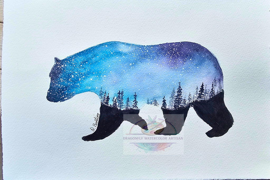 Original watercolor painting of a bear from the Celestial Wilds cosmic menagerie series by artist D. Bunting