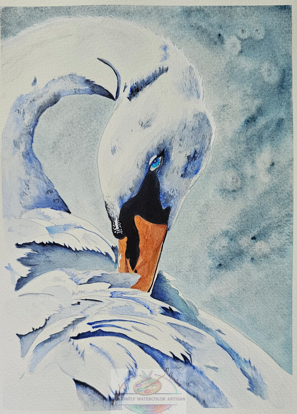 Original 9x12 watercolor painting "Grace in Blue" by D. Bunting. A graceful white swan with flowing blue feathers and a striking blue eye against a soft, ethereal blue background.