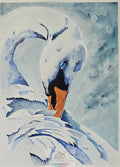 Original 9x12 watercolor painting "Grace in Blue" by D. Bunting. A graceful white swan with flowing blue feathers and a striking blue eye against a soft, ethereal blue background.