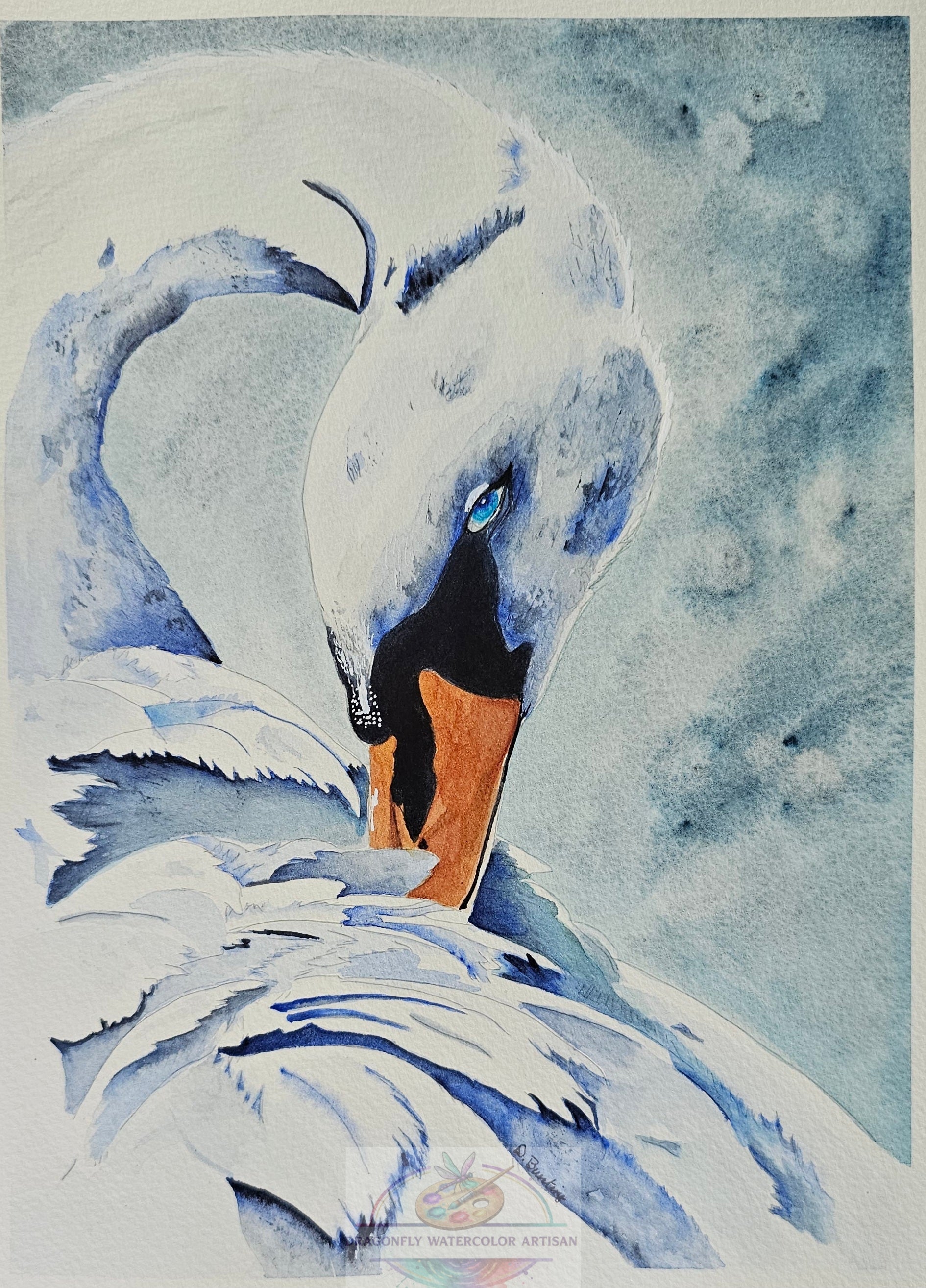 Original 9x12 watercolor painting "Grace in Blue" by D. Bunting. A graceful white swan with flowing blue feathers and a striking blue eye against a soft, ethereal blue background.
