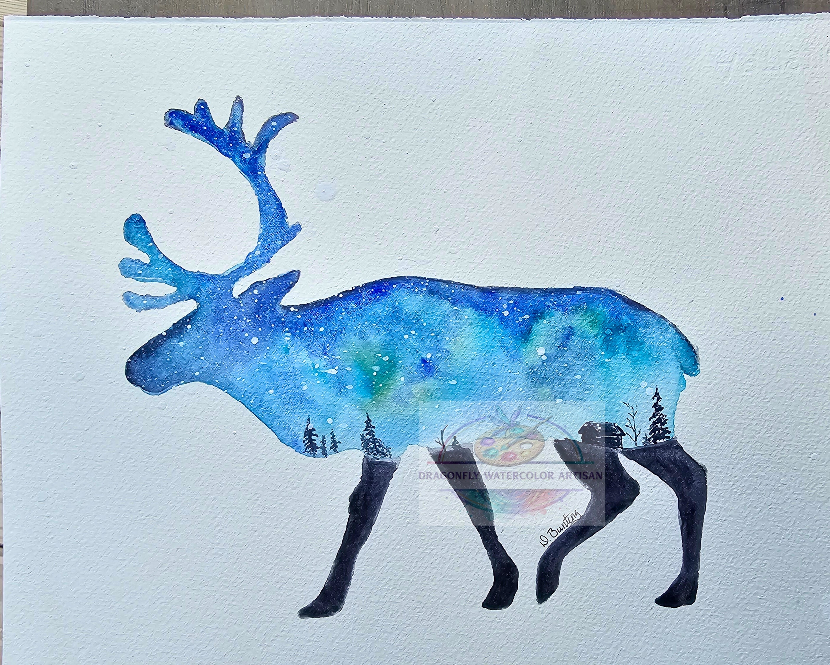 Original watercolor painting of a caribou from the Celestial Wilds cosmic menagerie series by artist D. Bunting