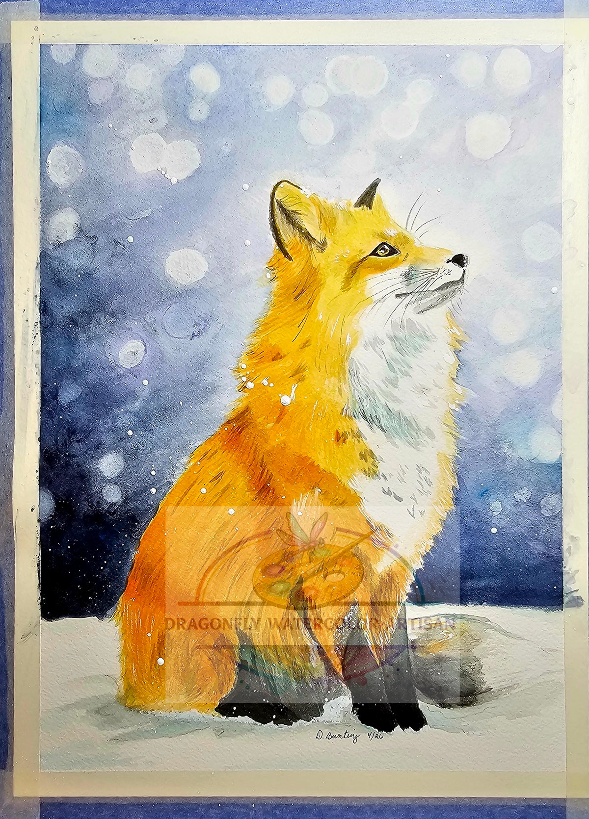 Original watercolor painting of a golden fox in a snowy twilight with soft glowing orbs, titled Whispers of Winter by artist D. Bunting