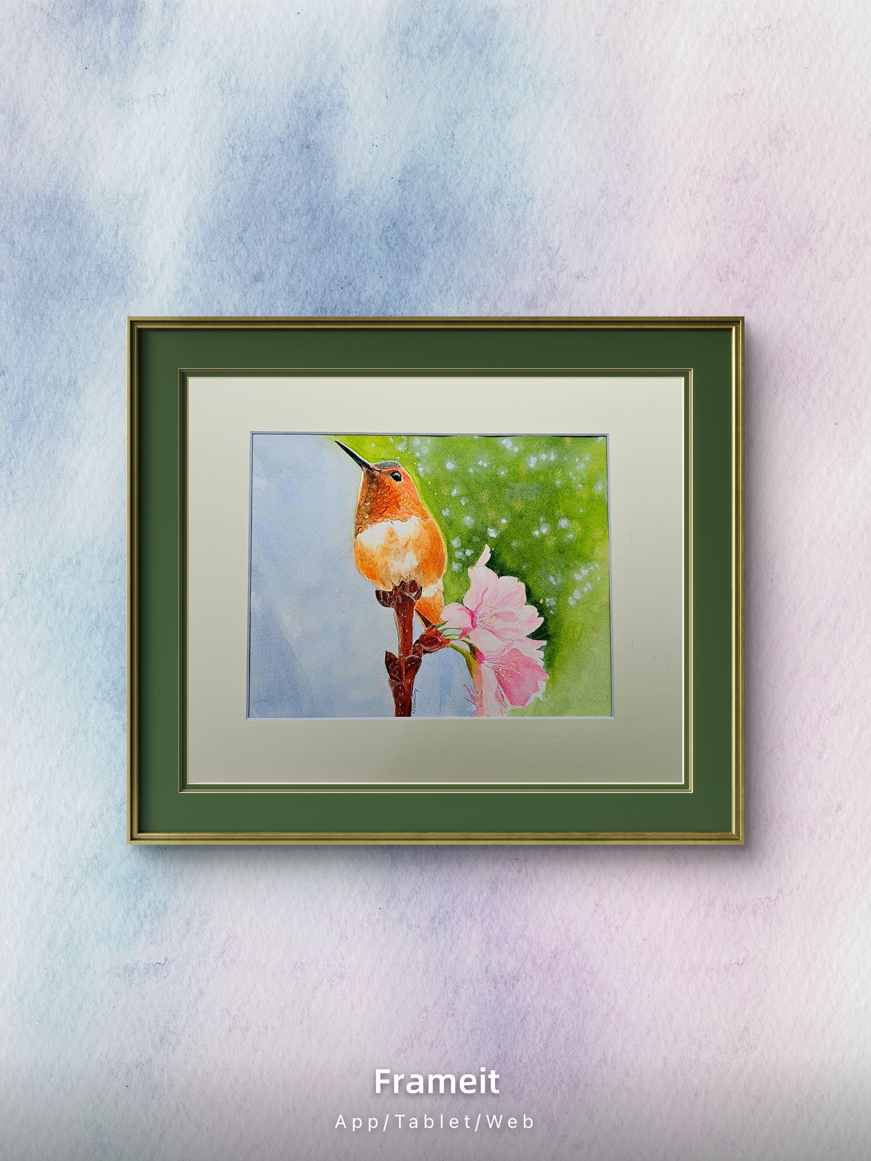 Original watercolor painting of a hummingbird in bloom perched on a branch with pink flowers by artist D. Bunting